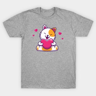 Cute Cat Sitting And Holding Love Cartoon T-Shirt